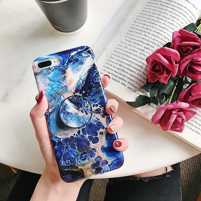 Smooth surface Phone Holder Case For iPhone XS MAX X XR 8 7 6 6S Marble Airbag Bracket Plus Silicone Soft Cover | Мобильные телефоны