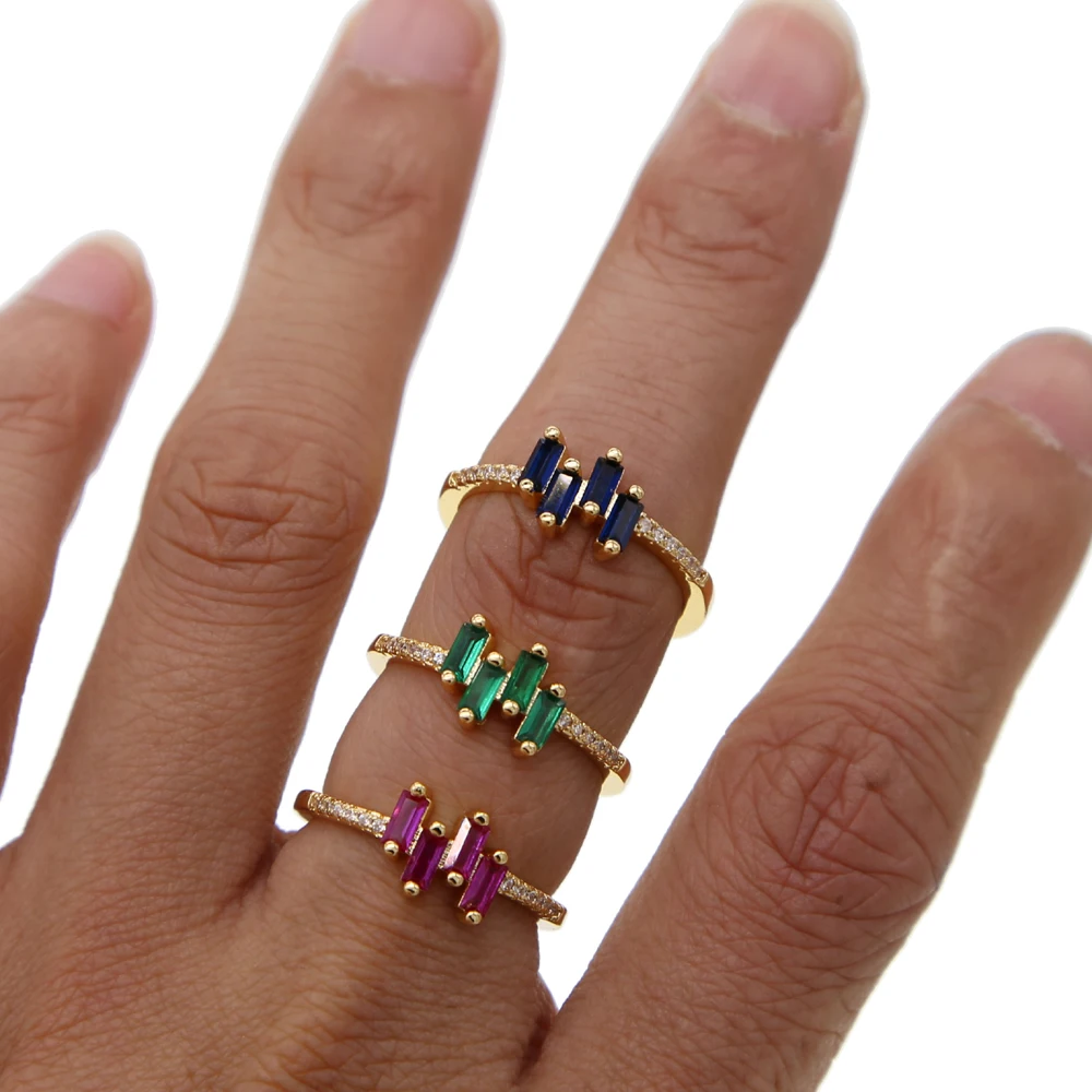 Простой cz палец кольцо золотого цвета багет Зеленый Синий Красный кубический