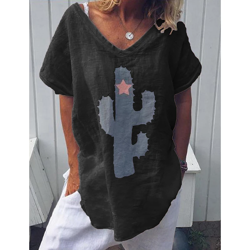 Summer Hot Popular Womens Casual Plant Printing Cotton Linen V Neck Blouse Ladies Baggy Short Sleeve Tops 2019 | Женская одежда
