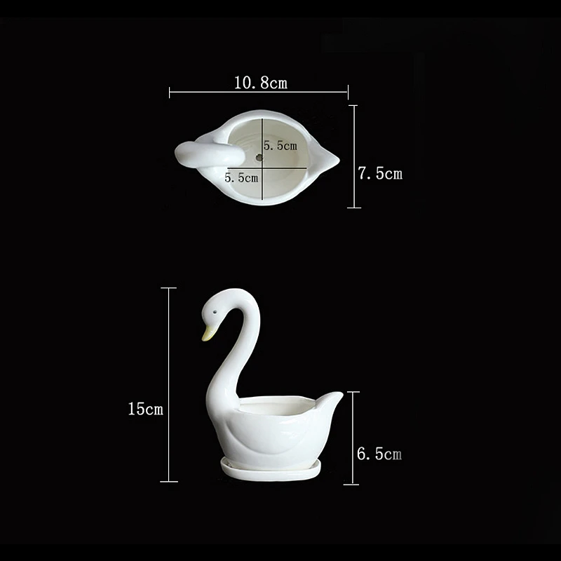 Набор из 2 белых керамических плантаторов с лебедем для суккулентов декоративные