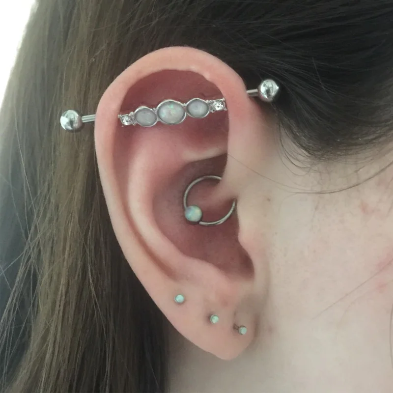 

Body Punk White Opal Center Industrial Piercing Barbell Clear CZ Cartilage Earring Long Straight Screw Helix Ear Body Jewelry
