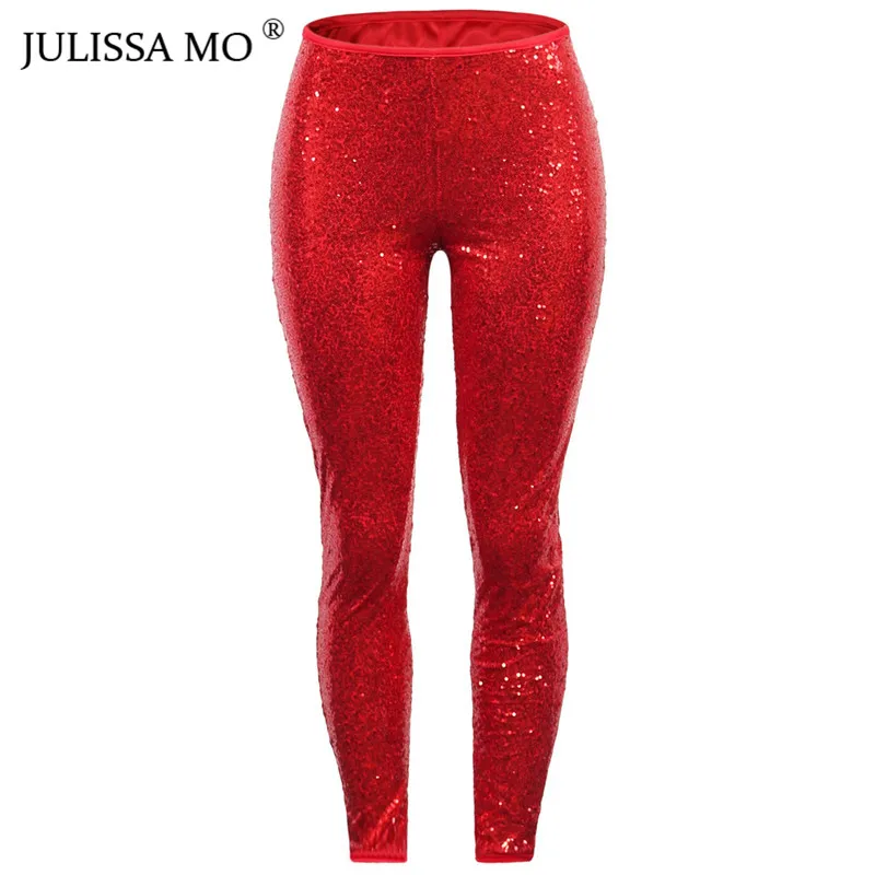 red Julissa mo Брюки с блестками женские блестящие сексуальные брюки-карандаш с высокой талией модные рождественские облегающие леггинсы больших размеров - Цвет: red