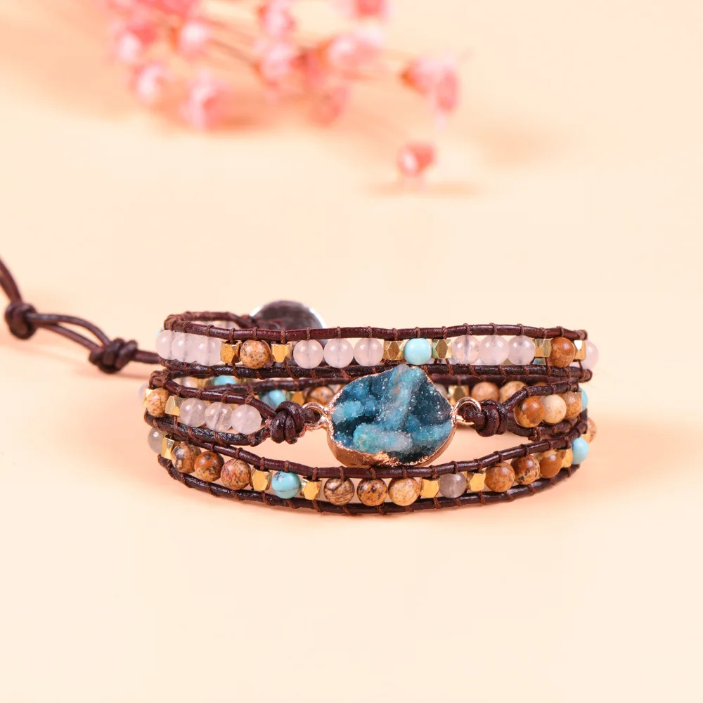 Прямая поставка натуральные камни бусы 3 нити браслеты ручной работы в стиле бохо