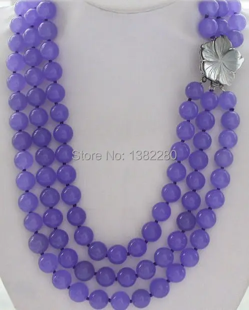

2015 fashion jewelry 3row 8mm Purple round chalcedony bead necklace 17-19"