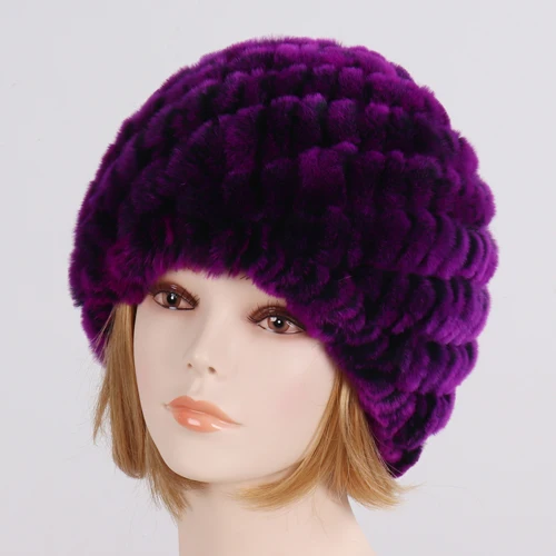 PURPLE Женские зимние натуральный настоящий мех кролика шапка женская мягкая шапка из меха кролика рекс теплые вязаные настоящие меховые шапочки - Цвет: PURPLE