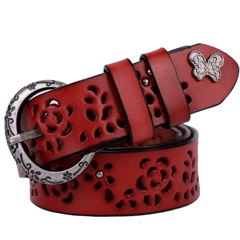 Женский ремень из натуральной кожи с винтажным принтом и металлической пряжкой |