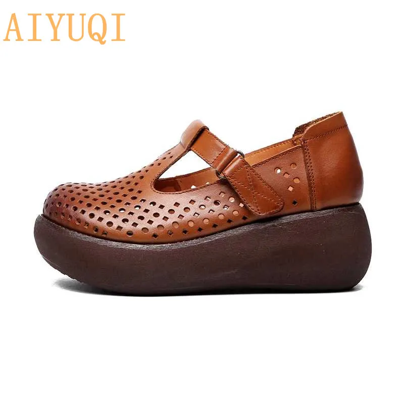 AIYUQI; женские босоножки на платформе; обувь на танкетке; Новинка года; женские сандалии из натуральной кожи на толстой подошве в винтажном стиле; женские сандалии на плоской подошве; повседневная обувь