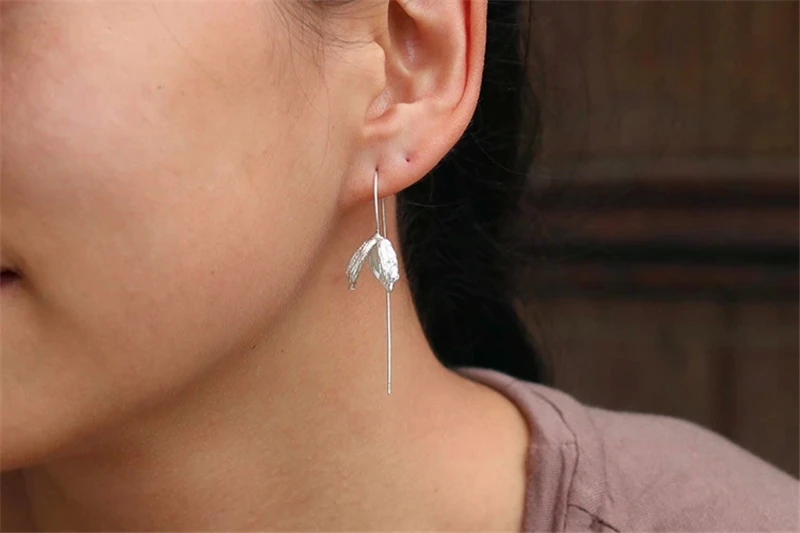 Lotus весело Настоящее стерлингового серебра 925 природных творческий ручной Fine Jewelry цветочных растений модные серьги для женщин brincos