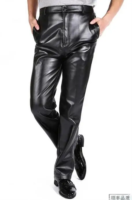 Mens leather trousers male velvet thicken straight slim quinquagenarian motorcycle winter faux leather pants mens black