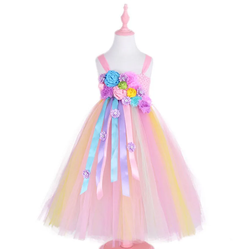 ZJHT Baby Girls Cosplay Tutu Fancy Dress Children Princess Wedding Festival Party Kids Flower Rainbow Sleeveless Dresses MY105 | Детская