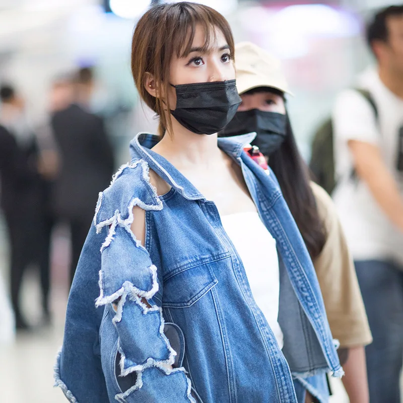 

Women star hole Hollow Out denim jacaet coat
