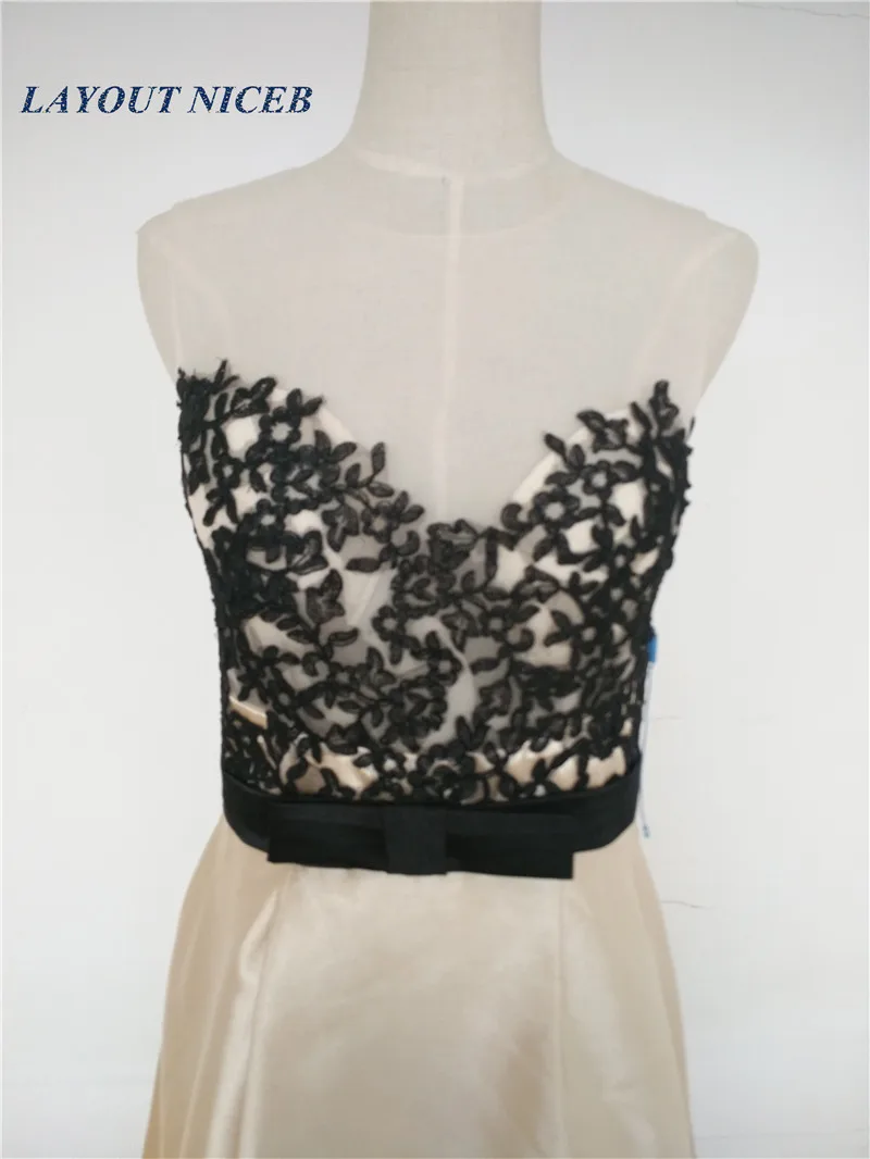 Шампанское Высокая Низкая вечерние платья 2017 чёрные кружевные аппликации плюс