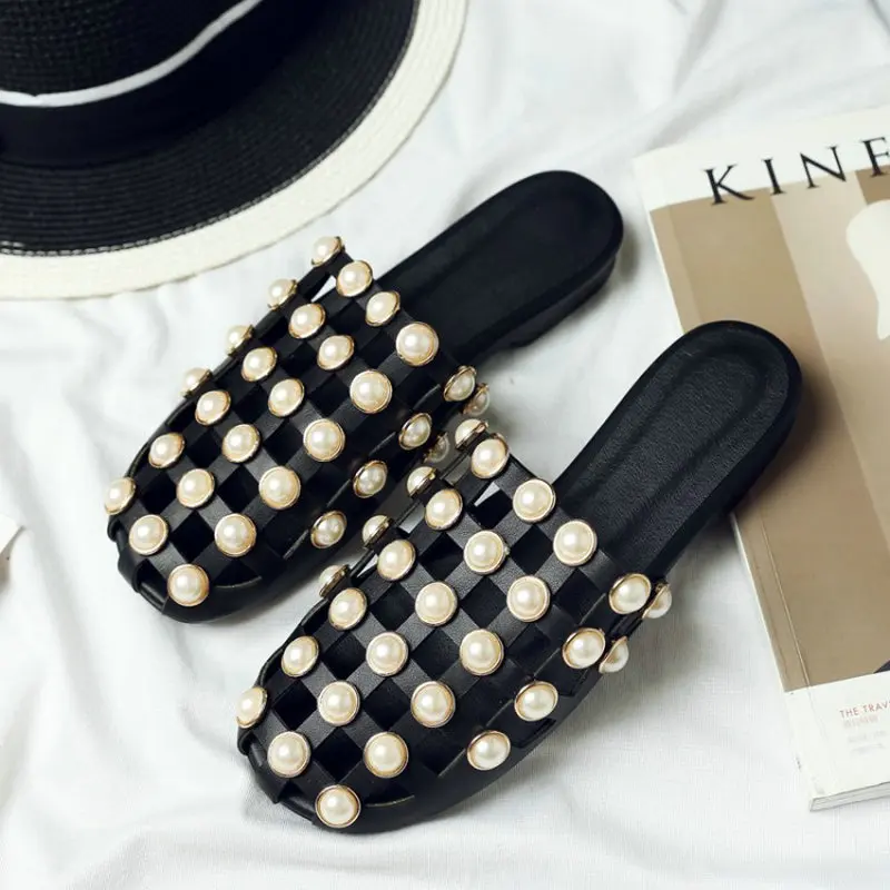 ZawsThia summer pu leather flat slides shoes woman slippers with pearls cover toe hallow cut out mules extra large size 46 47 48 | Обувь
