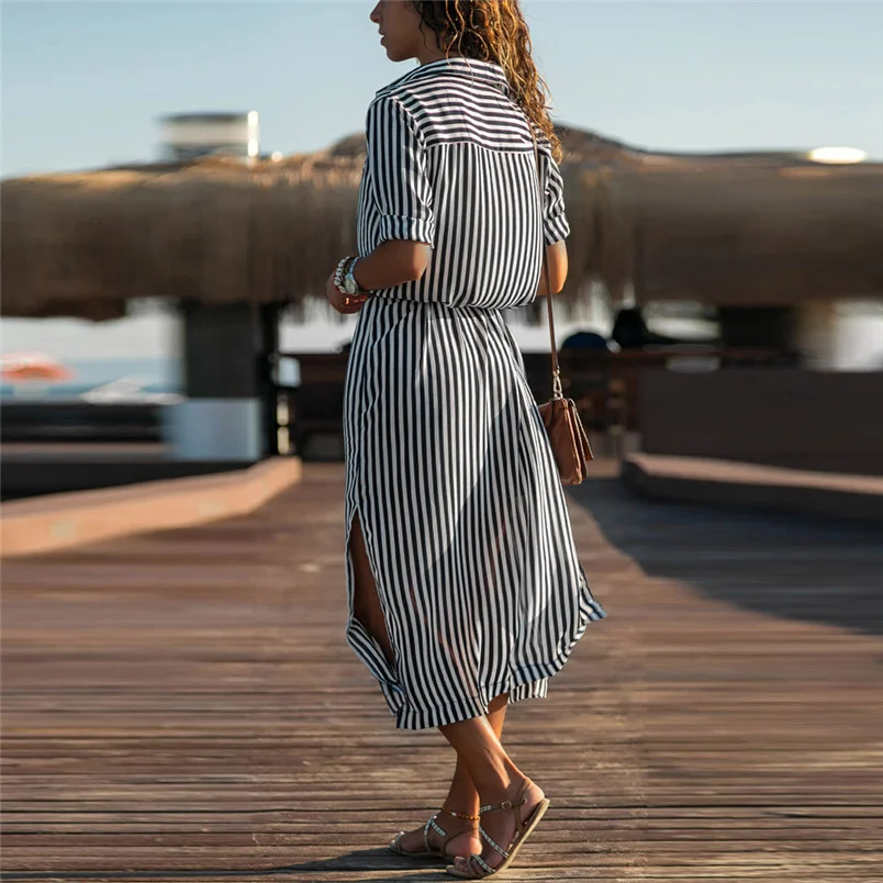 Женское платье в полоску с длинным рукавом на пуговицах|Женские платья| |