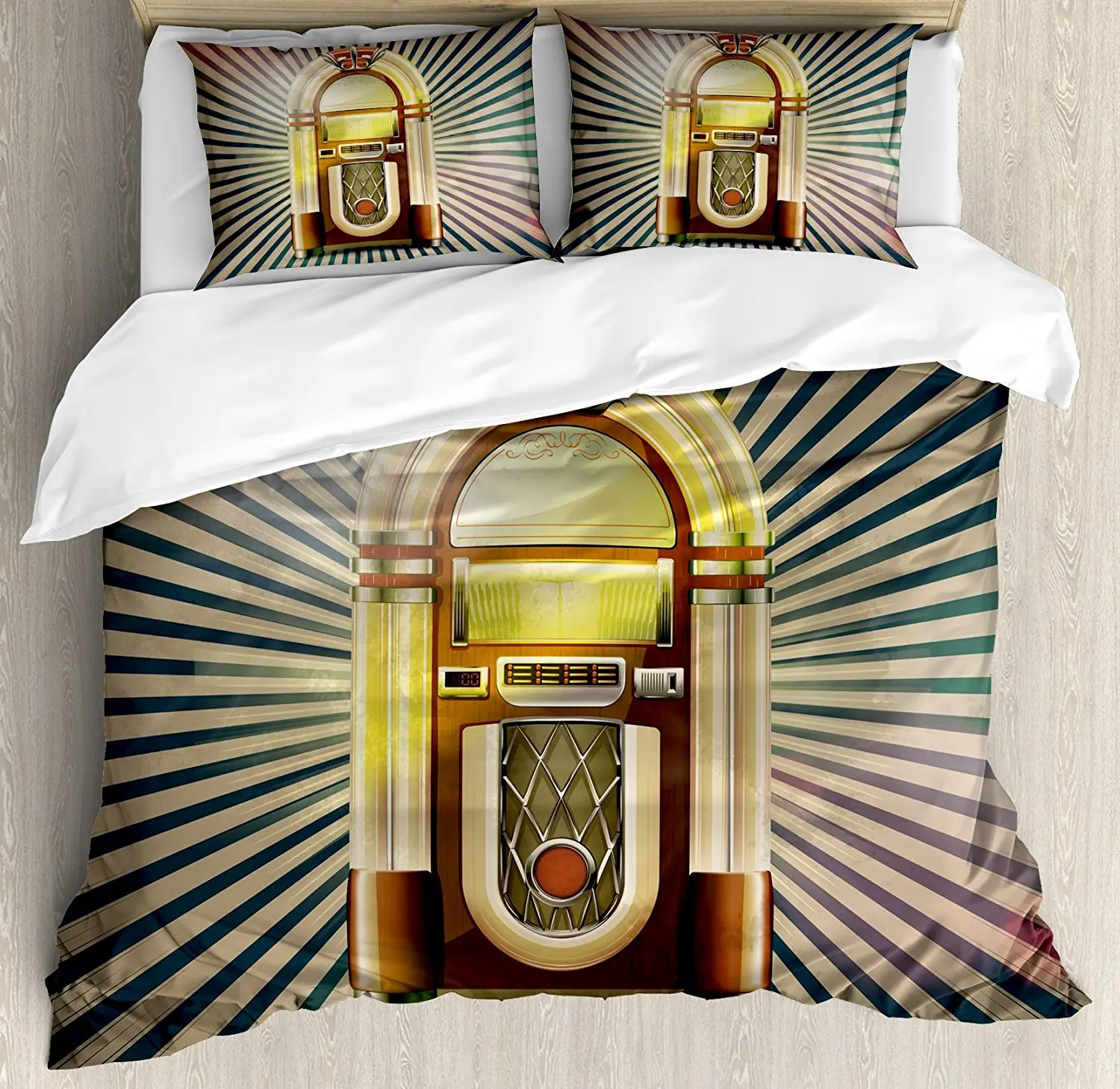 Jukebox Duvet Cover Set Retro Vintage 50s Pin Up Inspired Striped Backdrop Old Music Box 4 Piece Bedding | Дом и сад