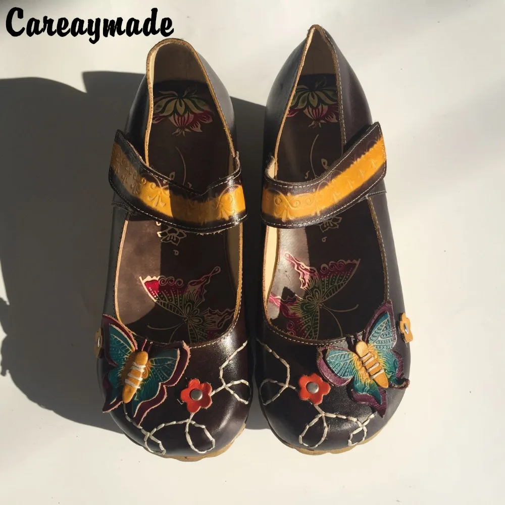 Careaymade-Folk style Head layer cowhide pure handmade Carved shoes,the retro art mori girl shoes,Women's casual Sandals,Brown