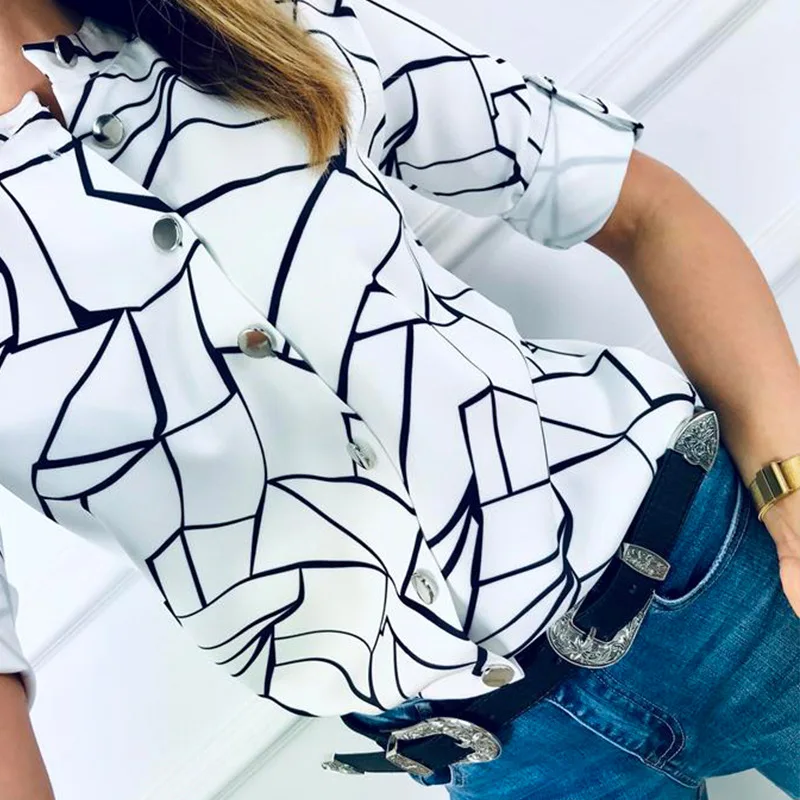 

Summer 2019 Women Blouse Button Sexy V Neck Half Sleeve Blouse Shirt Casual Chic Shirts Female Tops Black Blouse Women Tops