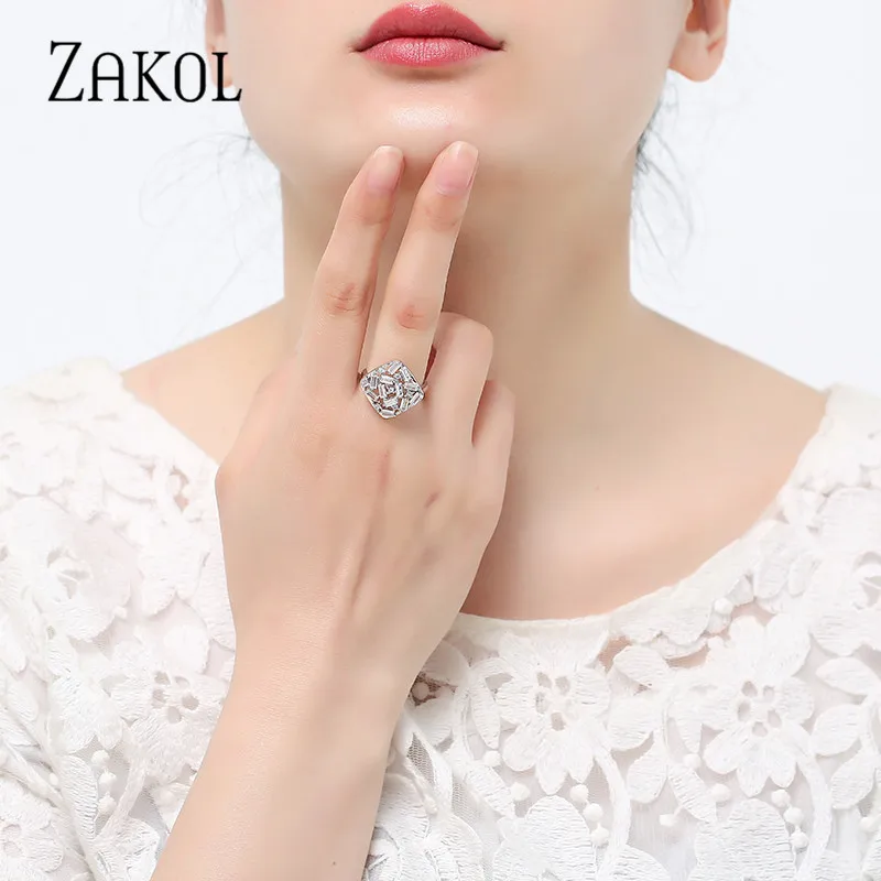 ZAKOL модные квадратные Свадебные обручальные кольца с кристаллами для женщин AAA
