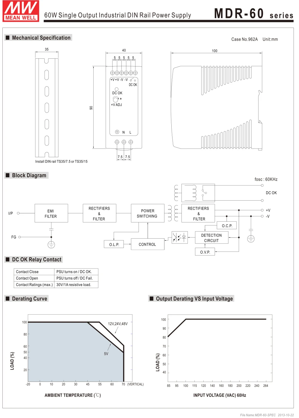 5V 12V 24V 48V бренд MEAN WELL представляет 1.25A 2.5A 5A 10A AC-DC, 50 Вт, 60 Вт промышленные на din-рейку Питание MDR-60-5 MDR-60-12 MDR-60-24 MDR-60-48