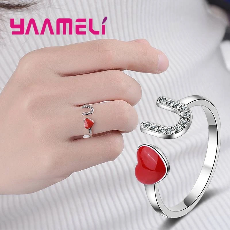 

Passion Red Heart Love You Design 925 Sterling Silver Adjustable Rings For Women Lady Wedding Anniversary Bague Bijoux