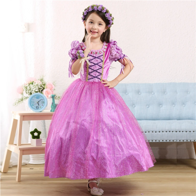 2017 Rapunzel Cosplay Dress Children Girls Long Hair Princess Halloween Costume Clothes Kids Clothing with Sleeves Garland | Детская