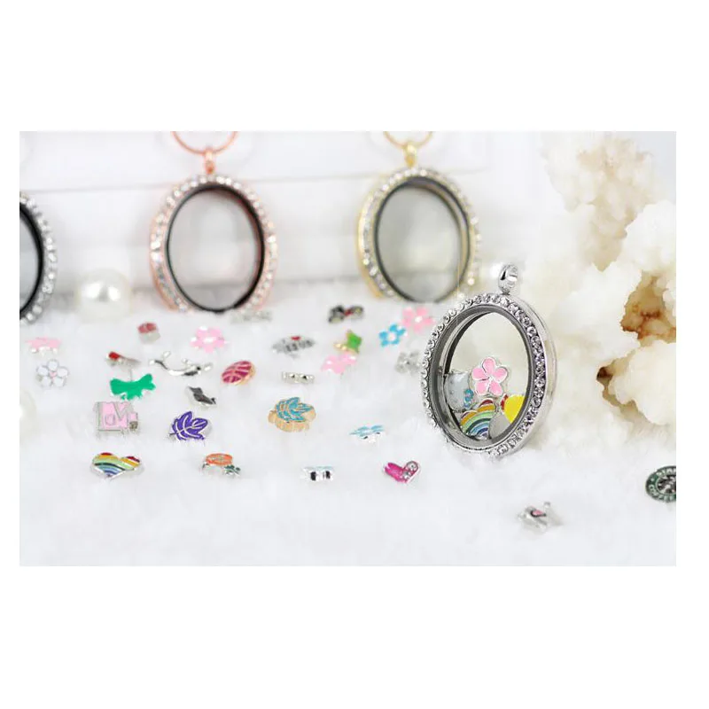 Oval Floating Locket Pendant Long Necklace Rhinestone Charms For Jewelry Making Openable Magnetic Glass Rose Gold | Украшения и