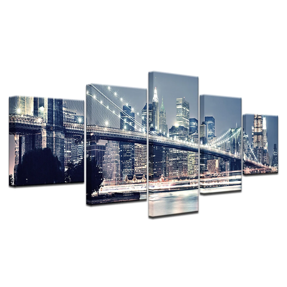 

Canvas Paintings Modular Wall Art Frame Modern Home Decor 5 Pieces New York Building Pictures HD Prints Brooklyn Bridge Poster