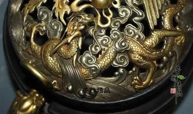 WBY Chinese Copper 24K Gold Gild Silver Dragon Phoenix Bird Incense Burner Censer | Дом и сад
