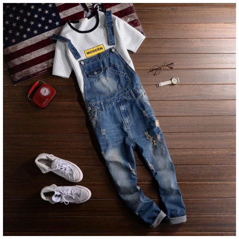 

2019 Spring Summer Fashion Brand Male Ripped denim jumpsuit Mens slim hole jean overalls Casual bib jeans for men A42704