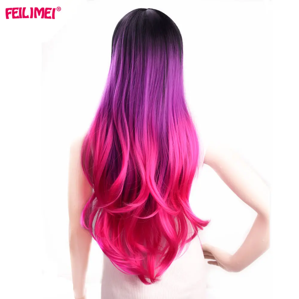 Feilimei Ombre Grey Wig Синтетическое японское волокно 60см 280г Длинные прямые штаны Черные серые парики для женщин Наращивание волос - Цвет: ombre purple pink