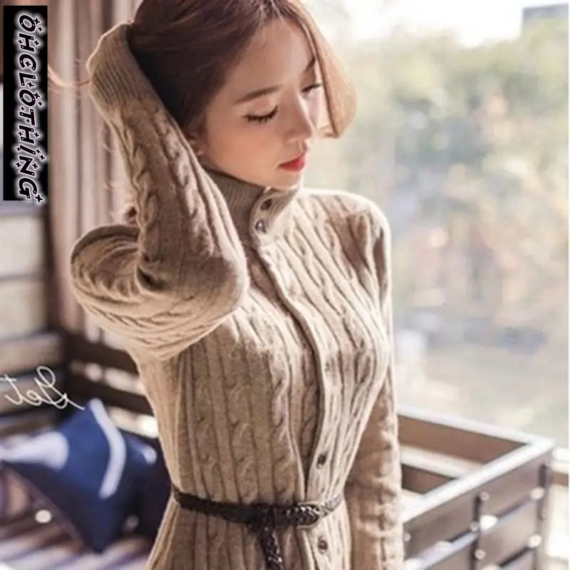 

OHCLOTHING 2017 South Korean women's new winter coat twist long cardigan knitted sweater dresses thickened in winter