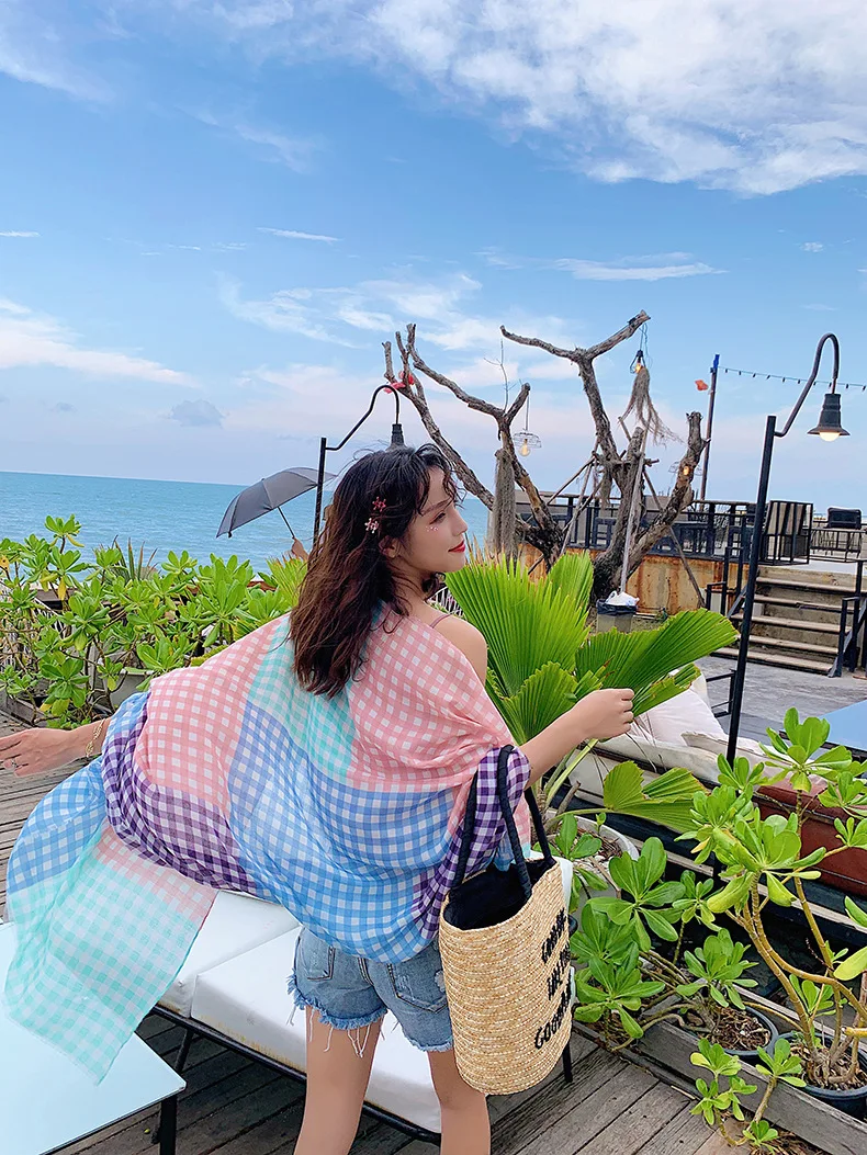 Cotton and Linen Scarf Women Spring Autumn Thin Blue Little Plaid Check Shawl Versatile New Travel Sunscreen Beach Towel |