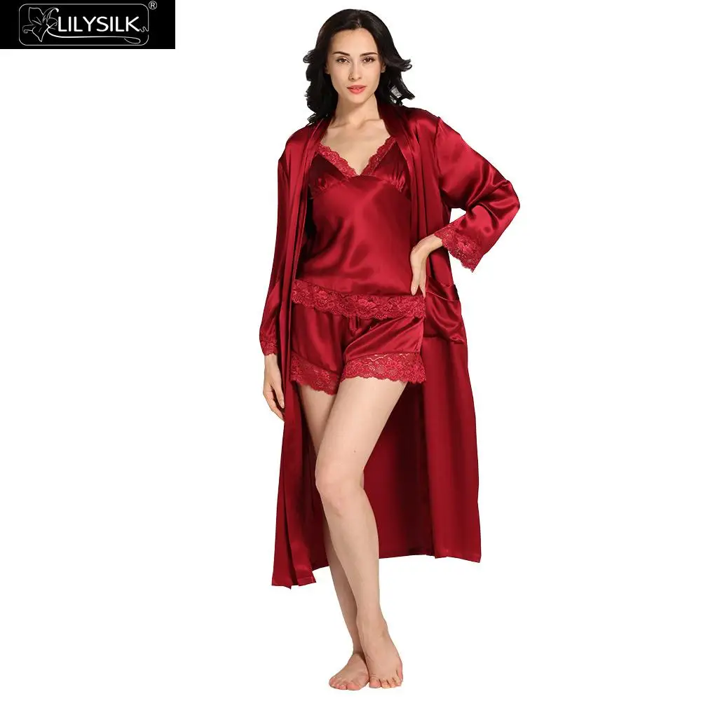 Lilysilk Long Sleepwear 100% 3 Piece Pajama Set Women Mulberry Silk Pure Camisole Wedding Robes 22 MM Sexy Luxury Lingerie Lace|silk robe set|women