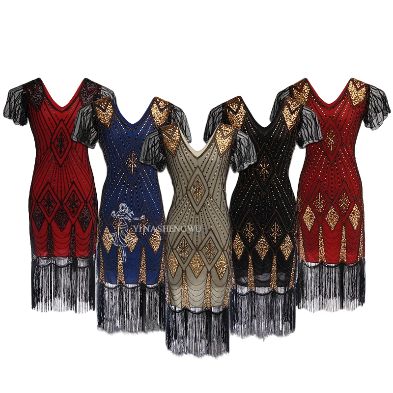 Женское винтажное платье с блестками бахромой и V-образным вырезом - купить по