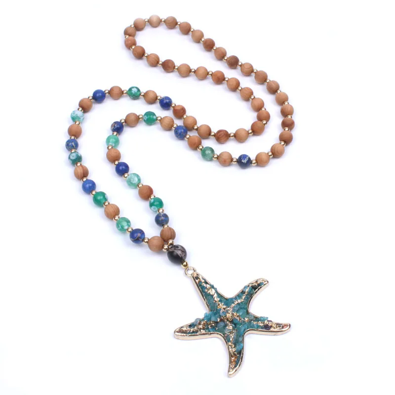 Винтаж Gypsy длинное ожерелье деревянные бусины натуральный камень позолота starfish