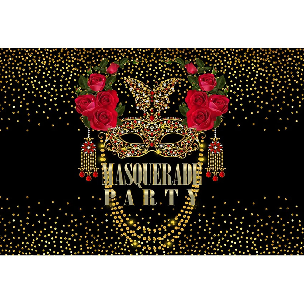 

Masquerade Party Photo Booth Backdrop Printed Gold Polka Dots Red Roses Night Ball Event Banner Back to School Themed Background