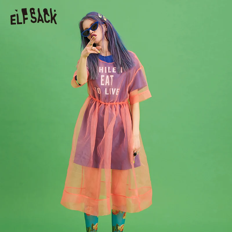 Сетчатое лоскутное женское платье футболка с буквенным принтом ELFSACK модное