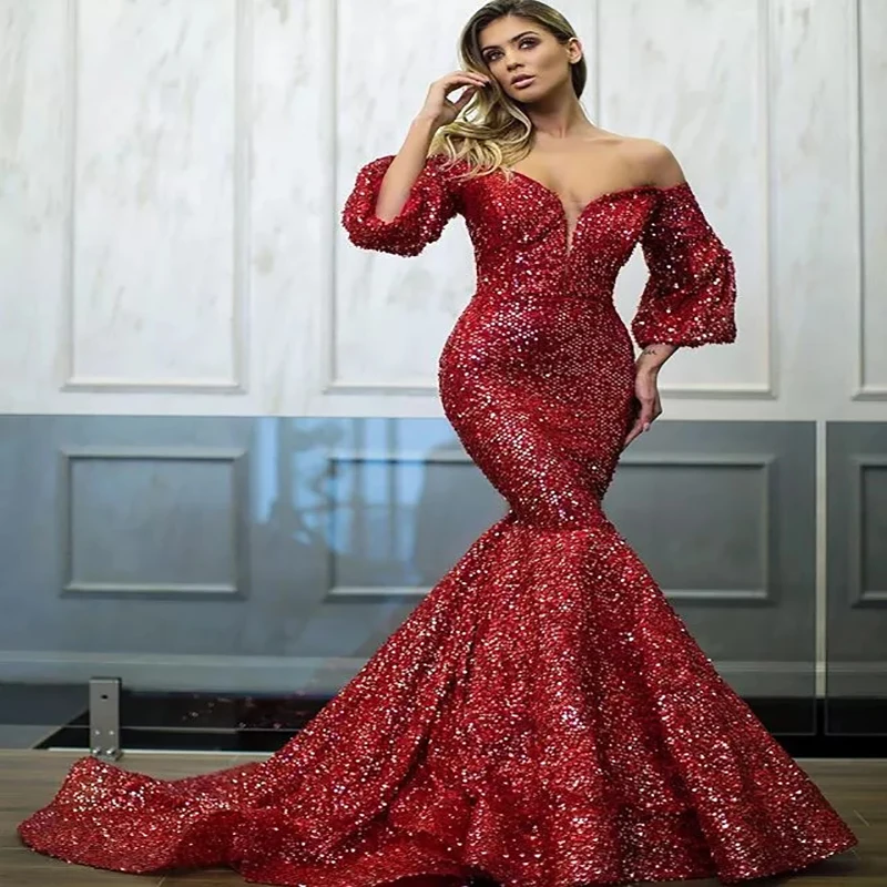 

2019 Latest Glitter Red Evening Dresses Sequin Lace Sleeves Off Shoulder Long Prom Party Dress Mermaid Pageant Gowns