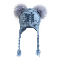 new fashion warm winter funny braid baby beanie hats for gilrs and boys with real raccoon fur pompom children hat