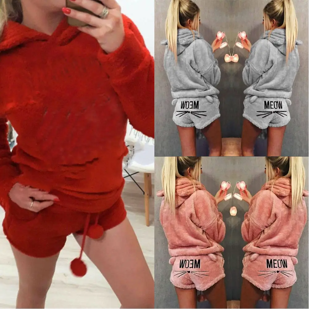 2018 Newly Winter Women Flannel Pajamas Set Bear Hooded Warm Coral Fleece Sleepwear | Женская одежда