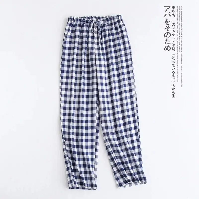 Man dark blue plaid Пара дышащих пижамных штанов, весенние летние Пижамные штаны для женщин и мужчин, тонкие домашние штаны с эластичной резинкой на талии, розовые, синие, новые - Цвет: Man dark blue plaid