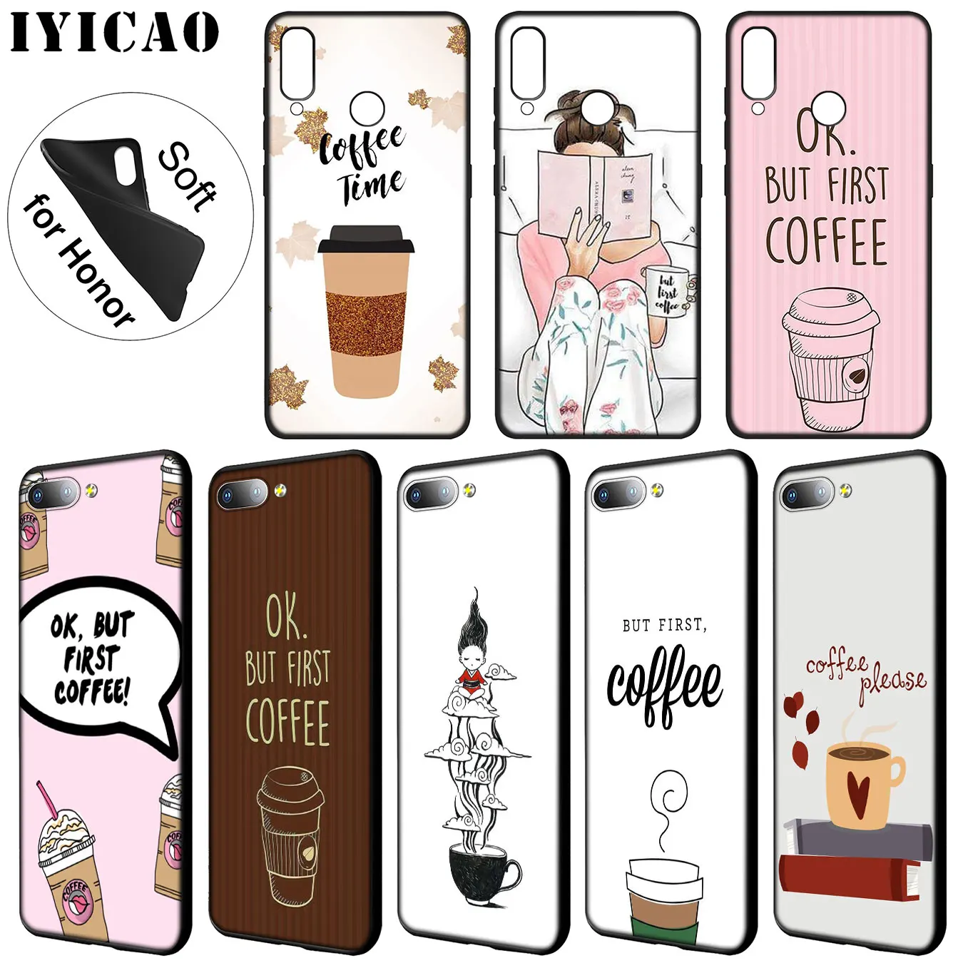 IYICAO Ok But First Coffee Book Girl Soft Case for Huawei Y9 Y7 Y6 Prime 2019 Honor 20 8C 8X 8 9 9X 10 Lite 7C 7X 7A Pro |