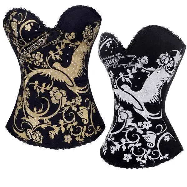 

Bird Printed Corset With White Bird Butterfly Flower Image 3S3019 Black Satin Corset Body Slimming Corset