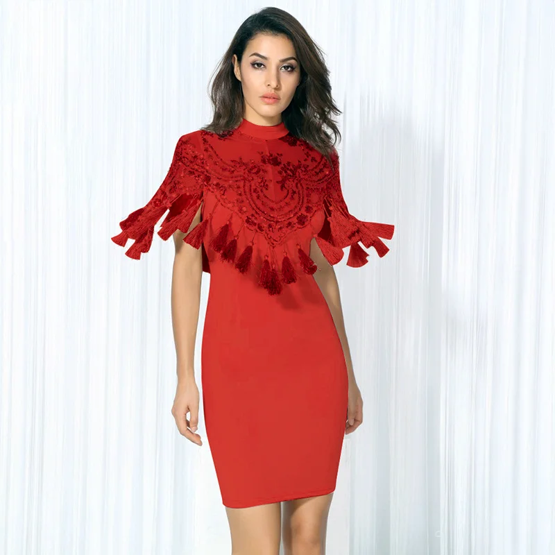 

Top Quality Red Black Tassel Sleeveless Rayon Bandage Dress Evening Party Pencil Dress