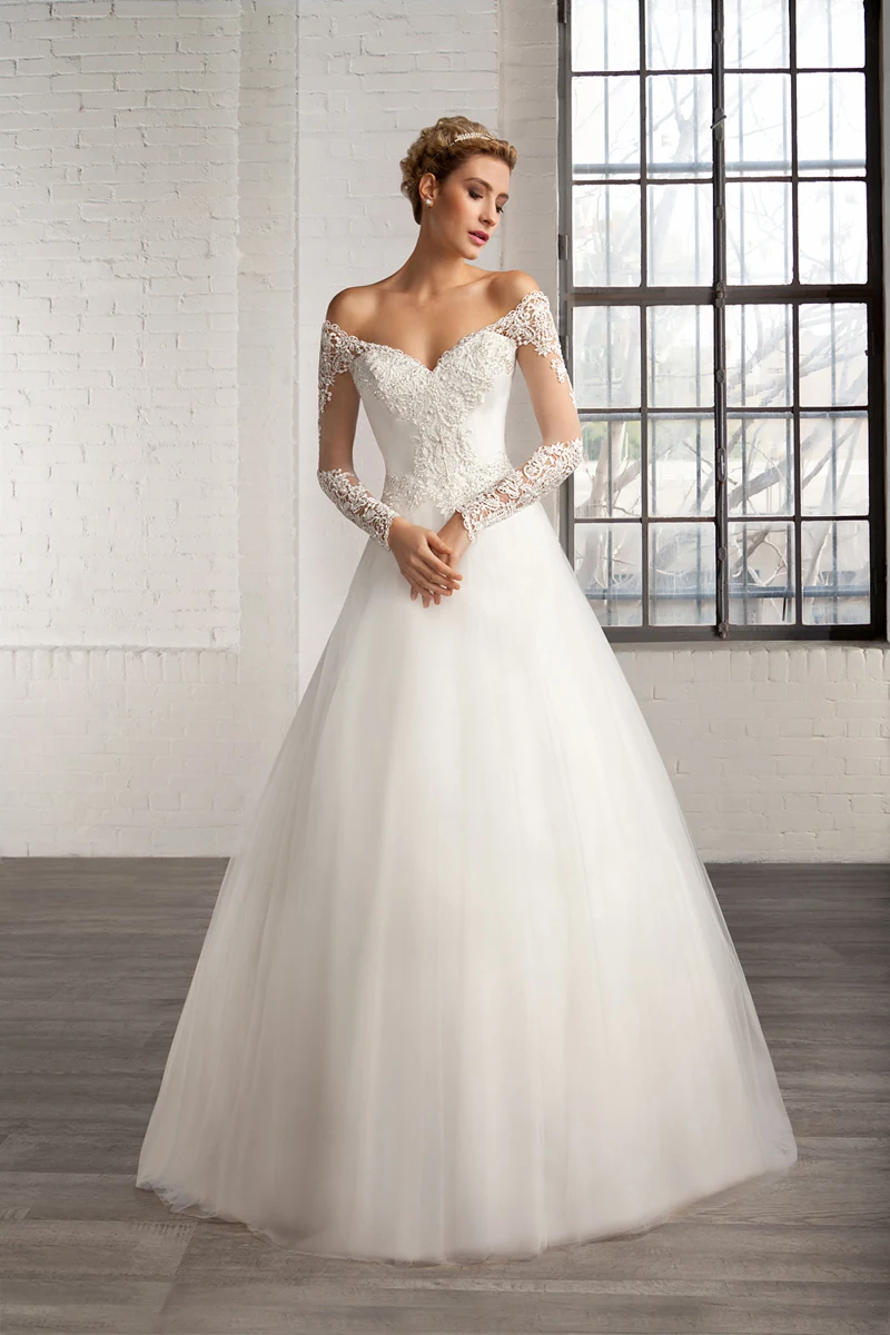 White/ivory bridal dress Long Sleeve V-Neck Lace Bodice A-line vestidos de novia see through abiti da sposa 2015 | Свадьбы и