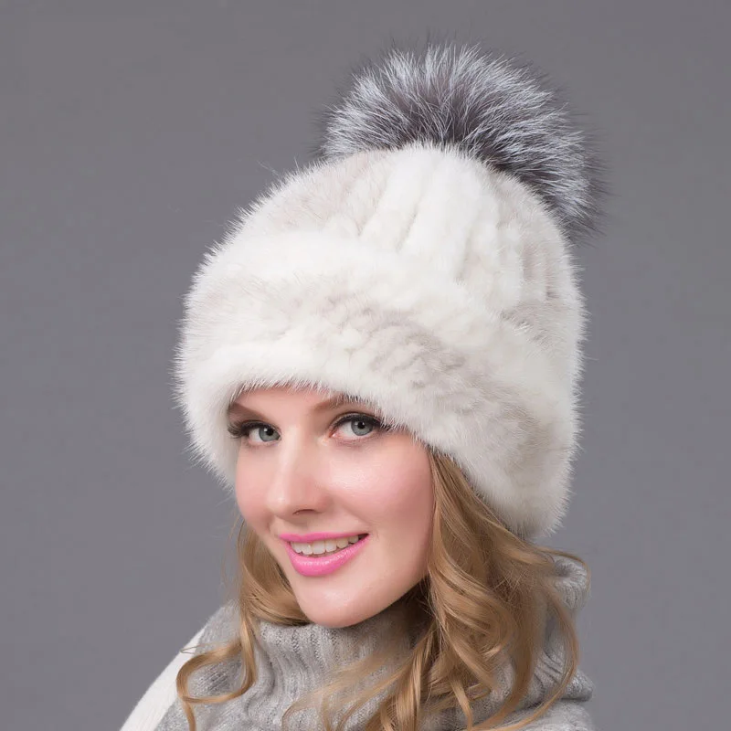 Новая норковая меховая вязаная лиса мех Ball Cap хип-хоп высокое качество Женская
