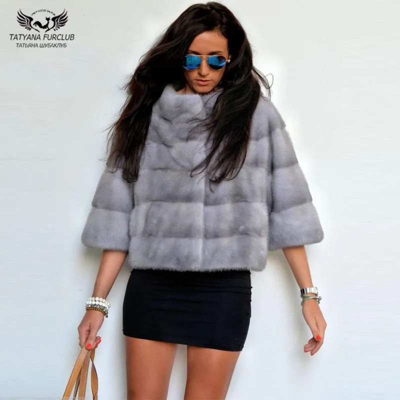 Gray Tatyana FurclubReal, настоящая норковая шуба, женская, с круглым вырезом, натуральная кожа, мех норки, зимняя куртка, короткая, стильная, модная, мех норки, женская - Цвет: Gray