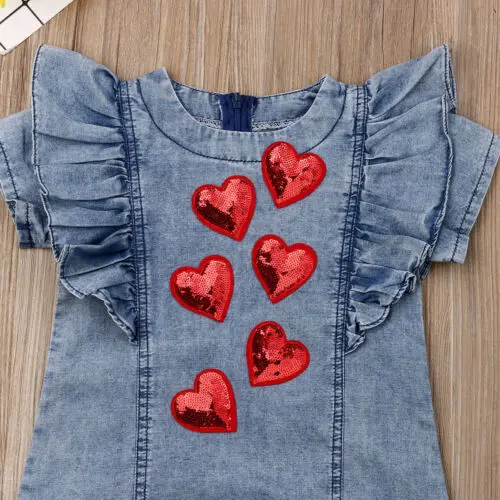 Детское летнее платье из денима с 3D сердечками и блестками | Детская одежда обувь