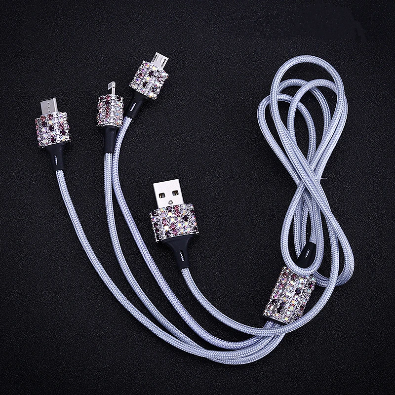 Двойное USB Автомобильное зарядное устройство, блестящие стразы ручной работы, держатель для телефона 3 в 1, кабель для зарядного устройства, аксессуары для автомобиля, набор аксессуаров