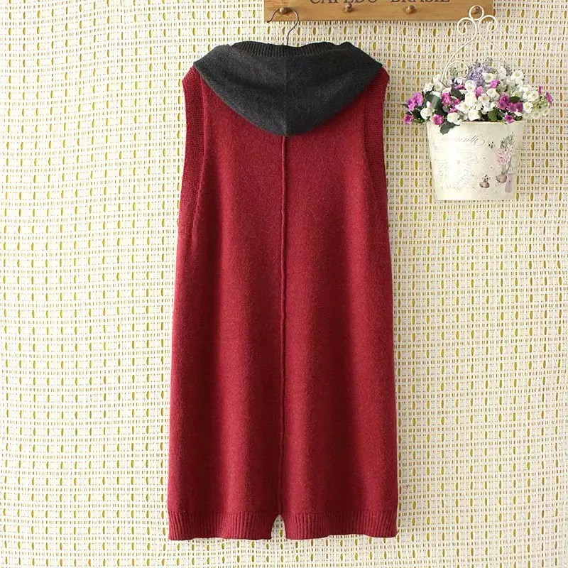 Модная Женская Весенняя Осенняя Новинка 2xl-4xl Корейская версия свободного вязаного пуловера жилет средней длины с карманом с капюшоном свитер жилет женский